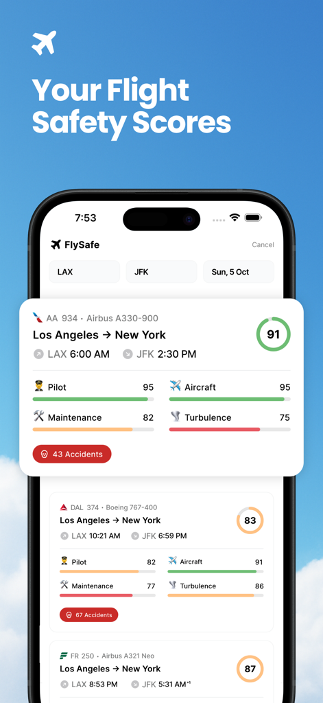 Interface de l'application FlySafe montrant les scores de sécurité des vols pour la maintenance de l'avion du pilote et les turbulences pour les vols de Los Angeles à New York