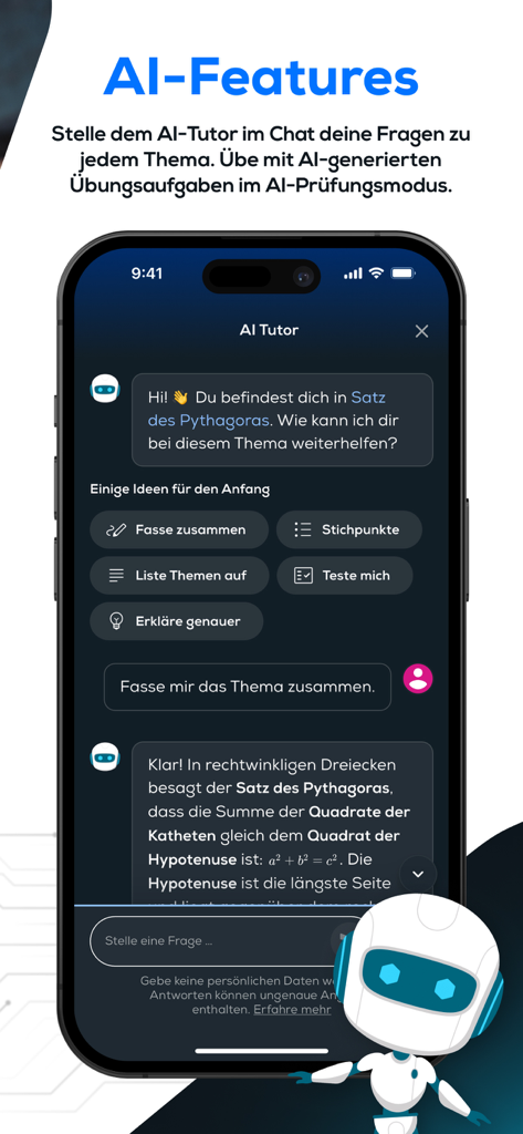 simpleclub - Die Lernapp - Uno schermo di smartphone che mostra la chat del tutor IA di simpleclub per l'apprendimento interattivo