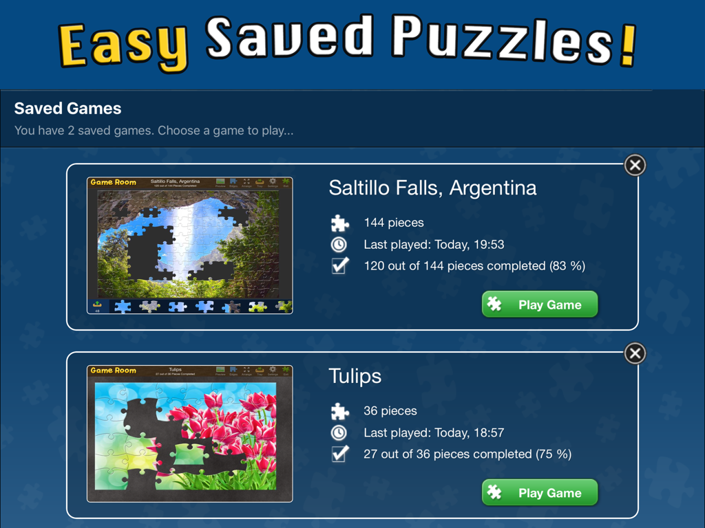 Jigsaw Box Puzzles - Interface showing saved jigsaw puzzles with completion progress and play options