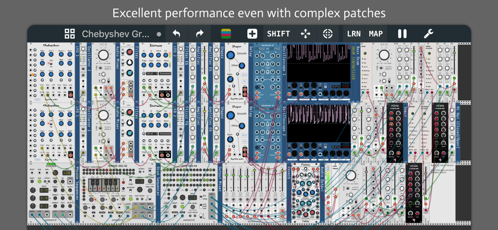 A complex modular synthesizer patch with multiple modules and colorful patch cables in the miRack app