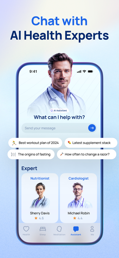 Ease app interface featuring a chat screen with AI health experts including a nutritionist and cardiologist.