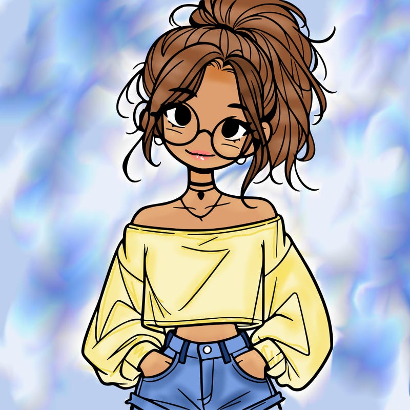 girl with a messy ponytail glasses a baggy crop top and jean shorts