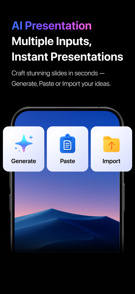 Mobile interface of PopAi showing AI presentation creation options including generate paste and import