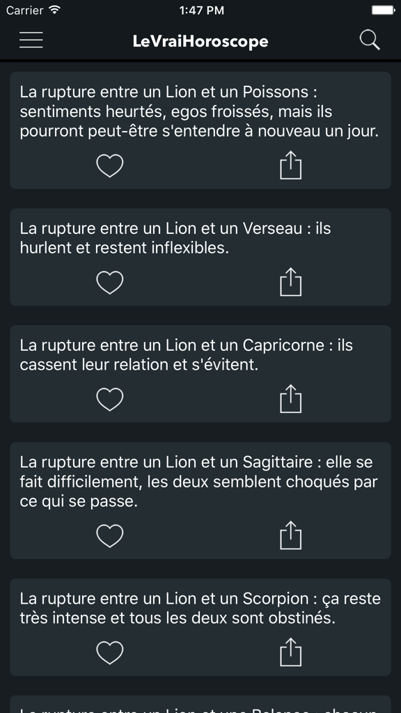 Le Vrai Horoscope - Interface mobile de l'application Le Vrai Horoscope montrant les descriptions de compatibilité de rupture entre le Lion et les autres signes du zodiaque.