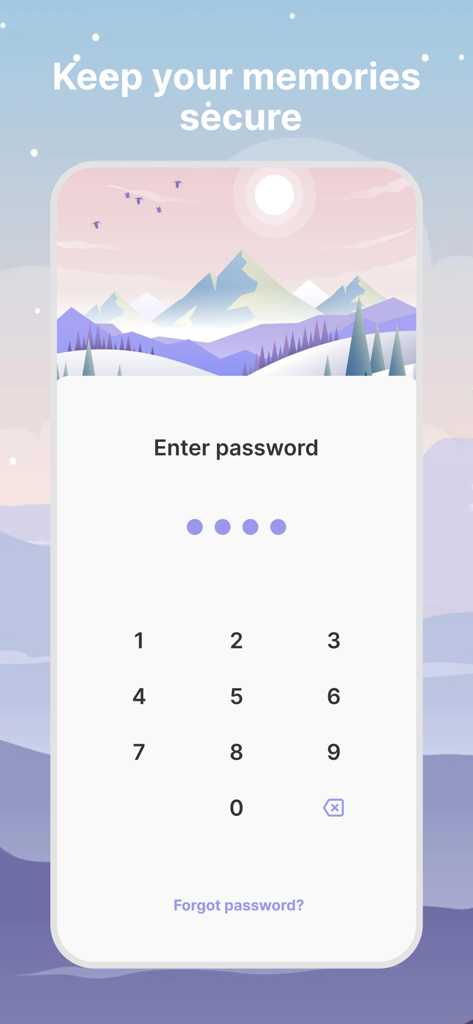 My Diary with password & lock - My Diaryアプリのセキュアなパスワードログイン画面。美的マウンテン背景を特徴。