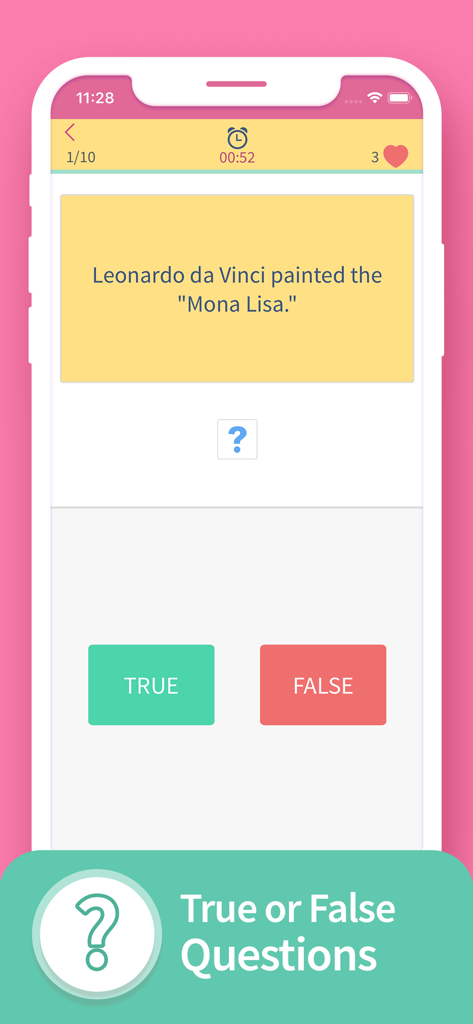 TRIVIA 360 Mobile App, die eine Richtig-oder-Falsch-Frage über Leonardo da Vinci zeigt