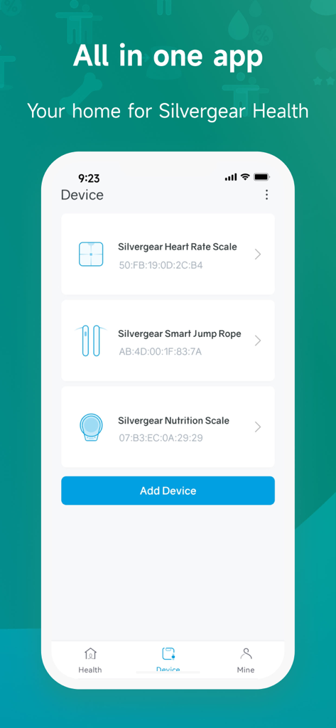 Silvergear Fit app screen showing a list of connected smart devices including a heart rate scale jump rope and nutrition scale