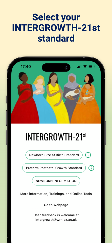 INTERGROWTH-21st - Main menu of the INTERGROWTH-21st app for selecting newborn and preterm growth standards.