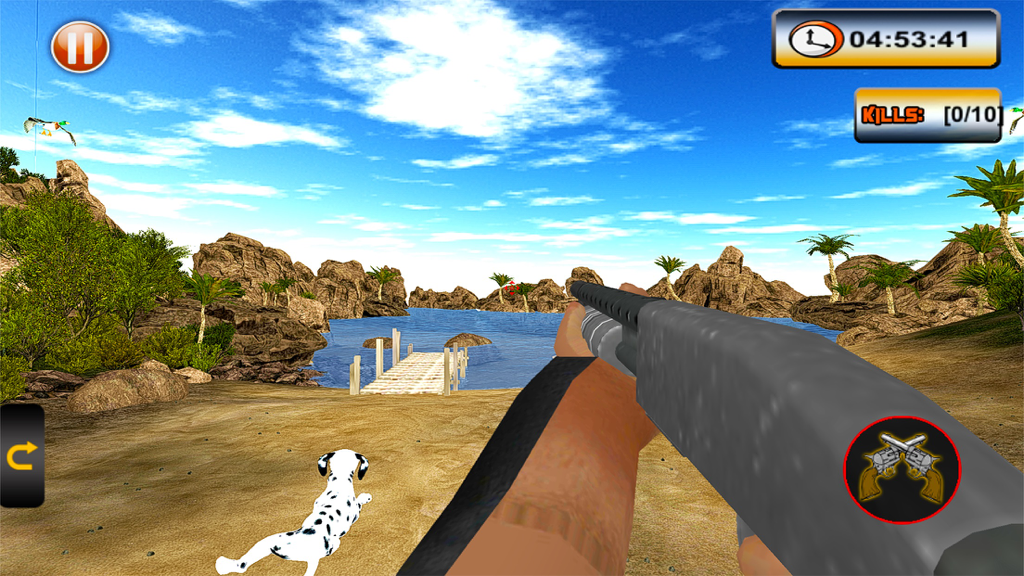 Vista de tirador en primera persona de una escopeta y un perro de caza en un entorno de juego de caza de patos en 3D