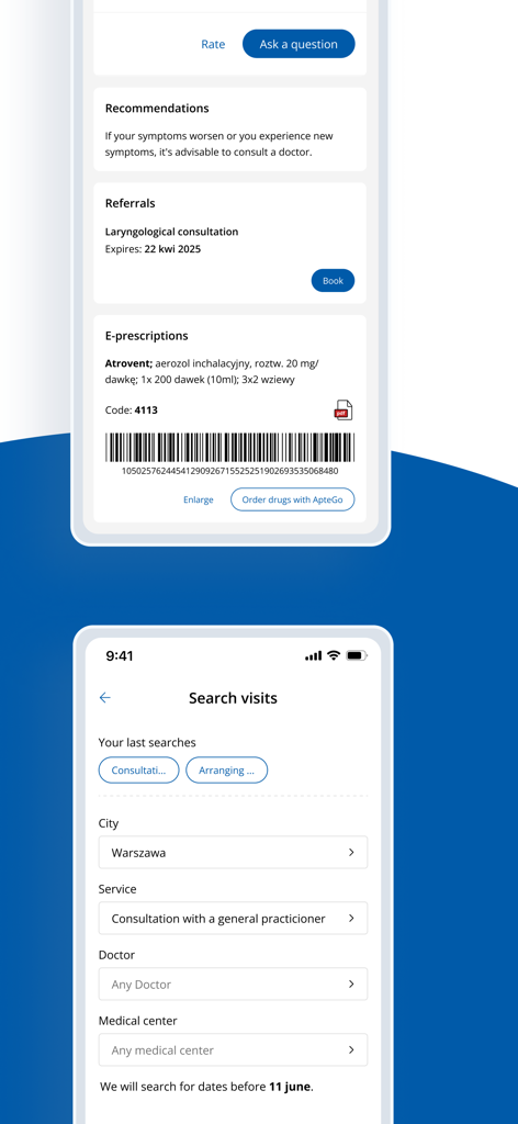 LUX MED mobile app displaying e-prescriptions and medical visit search options