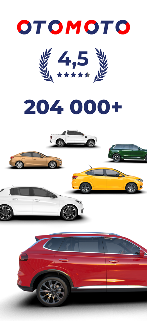 OTOMOTO.pl: Car Marketplace - 4.5점 만점과 204,000대 이상의 차량 목록을 보여주는 OTOMOTO 앱 홍보 화면