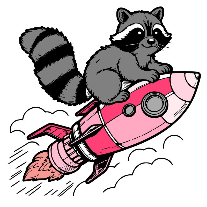 realistic raccoon flying on top rocket ship