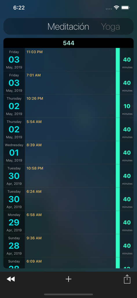 MeditatorMate - A chronological list of meditation session logs in the MeditatorMate app showing dates and durations