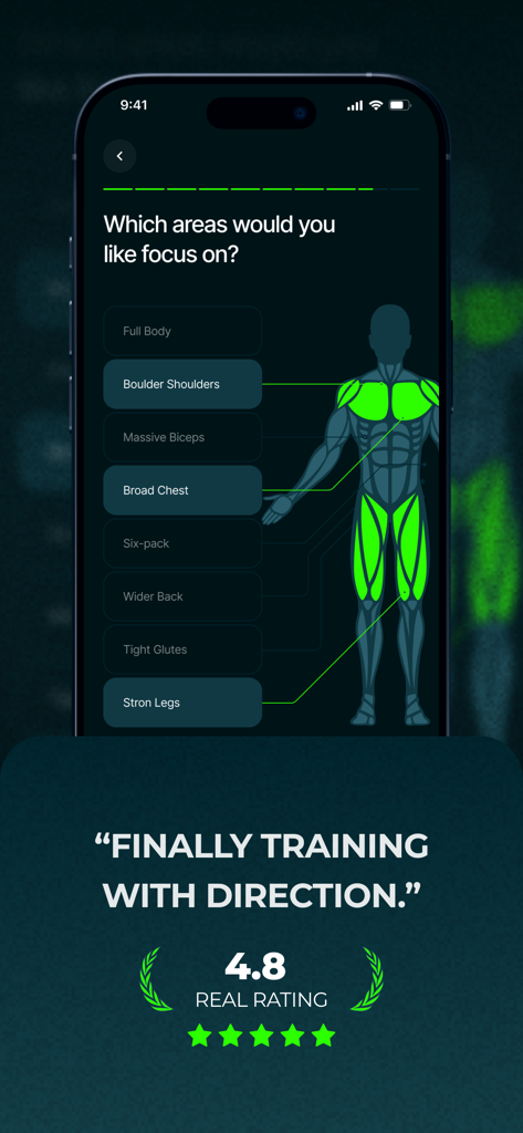 Befit AI: Workout Routines - Pantalla de incorporación de la aplicación Befit AI preguntando por el enfoque muscular objetivo con un diagrama del cuerpo humano resaltando áreas específicas de entrenamiento.