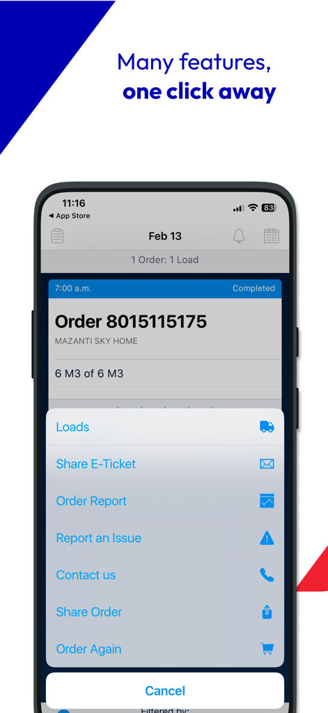 CEMEX Go Track mobile app interface showing construction order details and a quick action menu for managing deliveries