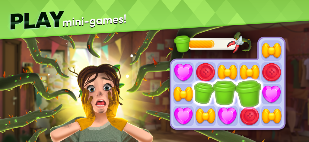Makeover Match - Swap & Style - Uma mulher cercada por videiras espinhosas ao lado de um tabuleiro de quebra-cabeça match-3 colorido em um minijogo de Makeover Match