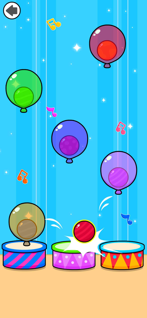 A colorful mini-game screen featuring balloons falling onto musical drums with floating music notes.