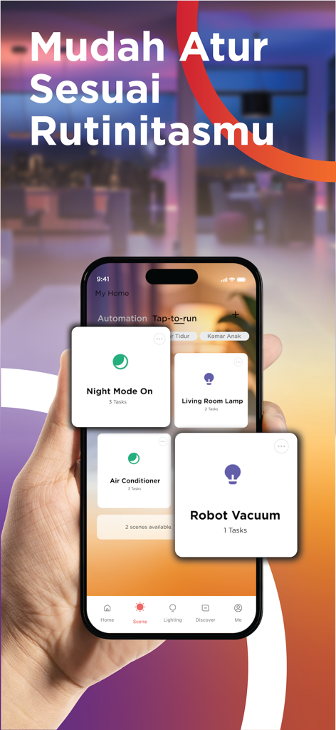 SYNC by Krisbow - A hand holding a smartphone showing the SYNC by Krisbow app interface with smart home automation routines for night mode and lighting