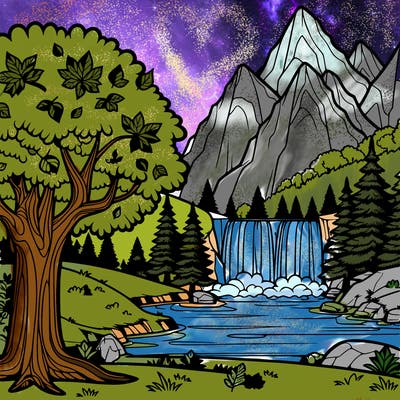 a tree in fall, beautiful view of a mountain, and a river and a waterfall