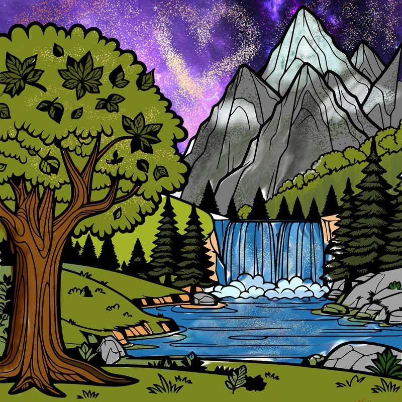 a tree in fall, beautiful view of a mountain, and a river and a waterfall