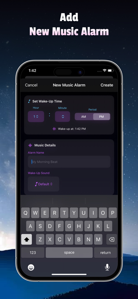 Un teléfono móvil mostrando la interfaz de Añadir Nueva Alarma Musical en la aplicación Music Bar con un selector de hora y selección de sonido