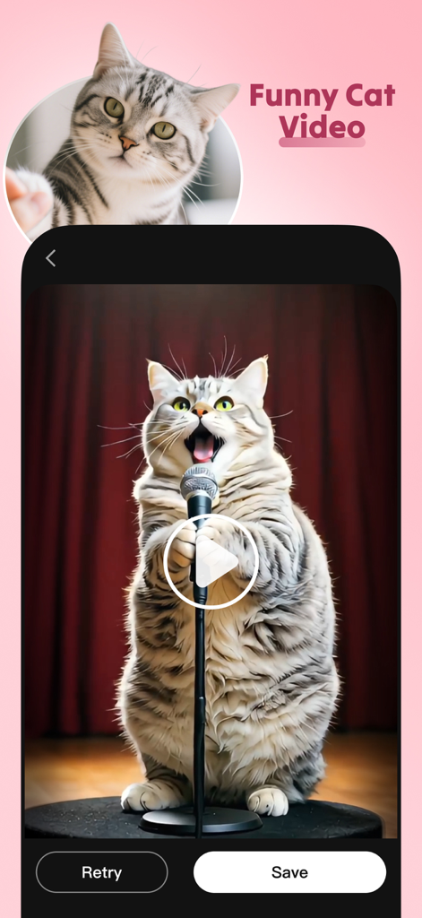 Meow AI: pet photo video maker - Interfaz de la aplicación Meow AI que muestra un video divertido generado por IA de un gato cantando en un micrófono en un escenario