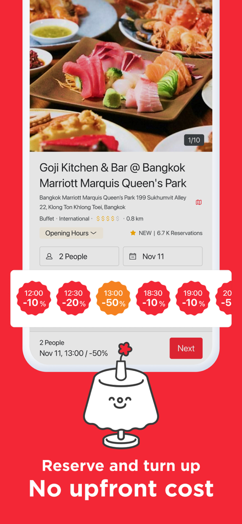 Eatigo mobile app interface showing a restaurant reservation page with time-based discounts up to 50 percent off