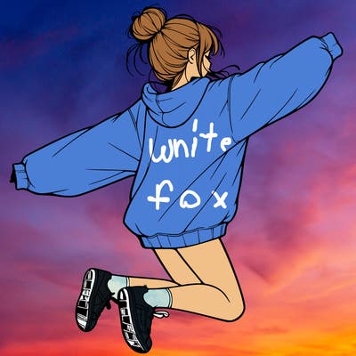realistic girl jumping with a bun and oversized sweatshirt