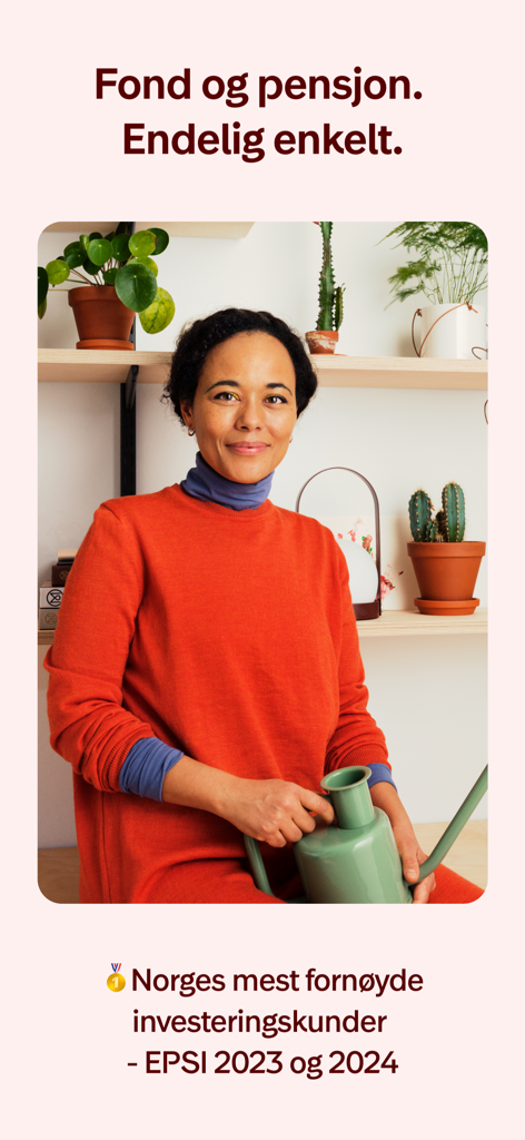 Kron - Investering for alle - Une femme tenant un arrosoir avec un texte sur l'investissement simple dans les fonds et les pensions