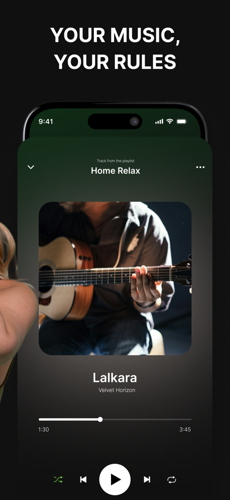 Offline Music Player‧ - Interfaz de la aplicación Reproductor de Música Offline mostrando una pista reproduciéndose con carátula y controles de reproducción.