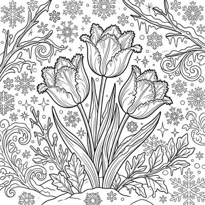 Dive into a magical winter scene featuring the exquisite beauty of fringed tulips, standing resilient amidst delicate snowflakes and icy embellishments. This unique coloring page offers a charming blend of floral elegance and frosty enchantment, perfect for a cozy creative escape.