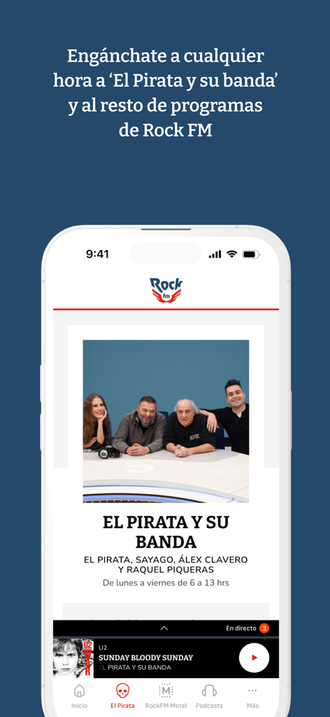 La app Radio Rock FM mostrando el programa matutino El Pirata y su Banda
