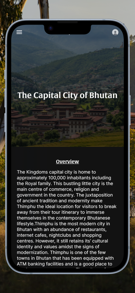 ブータンの首都ティンプーに関する情報画面。風景写真と説明文が特徴です。