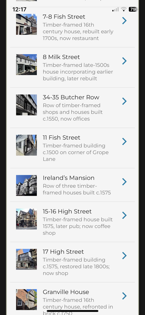 HistoMap Shrewsbury - ヒストマップアプリ内のシュルーズベリーの歴史的な木骨造りの建物のリスト