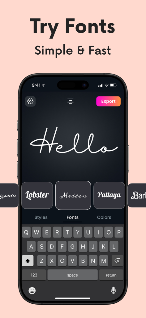 Fontini: fonts for ig story - Oberfläche der mobilen Fontini-Anwendung mit benutzerdefinierter Typografie für Social-Media-Beiträge