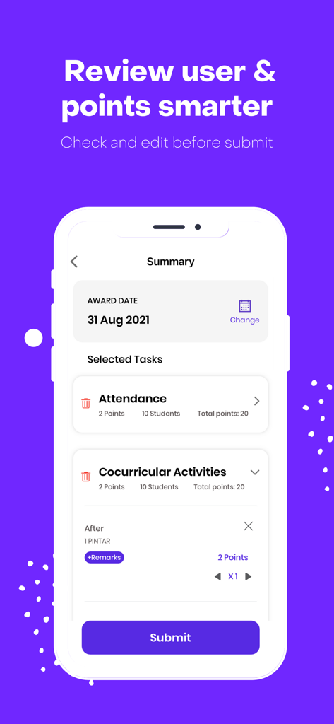 STUDENTQR POINTS for Educator - Mobile app interface showing a summary screen for educators to review and submit student points for attendance and cocurricular activities.