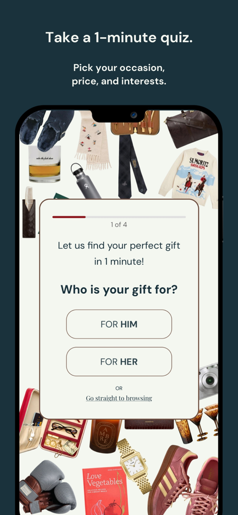 GiftBoard 앱 인터페이스는 남성용 및 여성용 옵션이 있는 맞춤 선물 탐색 퀴즈를 보여줍니다