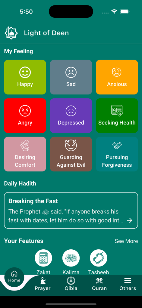 Light of Deen app interface showing the My Feeling menu with options like Happy Sad and Anxious above a Daily Hadith section