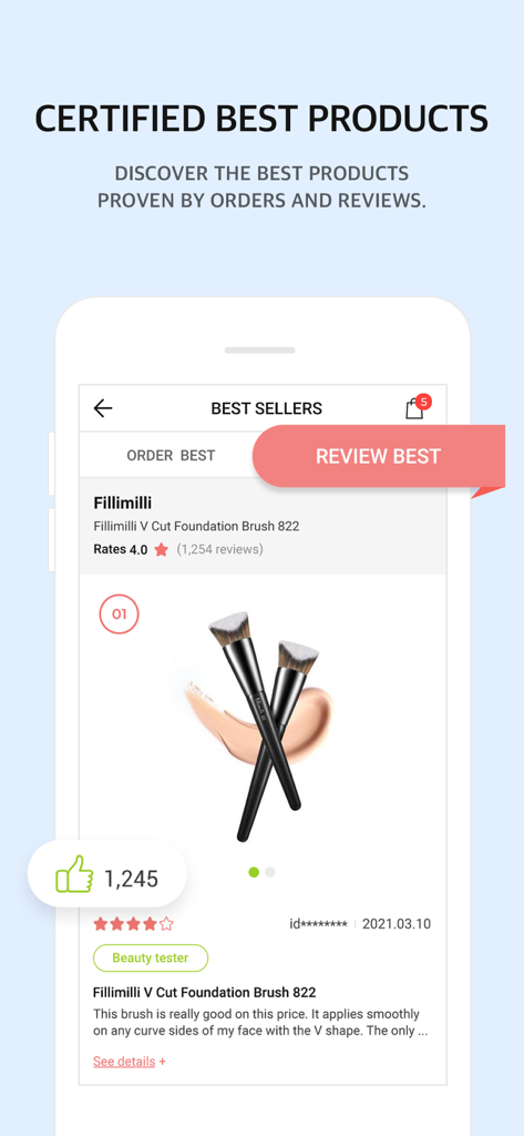 Olive Young Global App-Oberfläche, die zertifizierte Bestseller mit Kundenbewertungen für einen Foundation-Pinsel zeigt