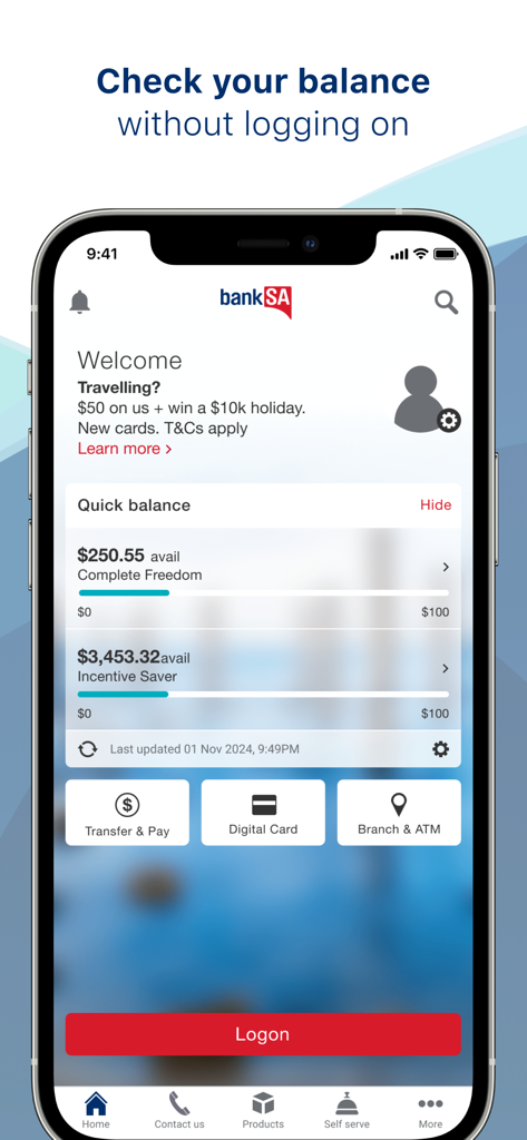 BankSA Mobile Banking - Un smartphone que muestra la aplicación de Banca Móvil BankSA con la función de Saldo Rápido en la pantalla.