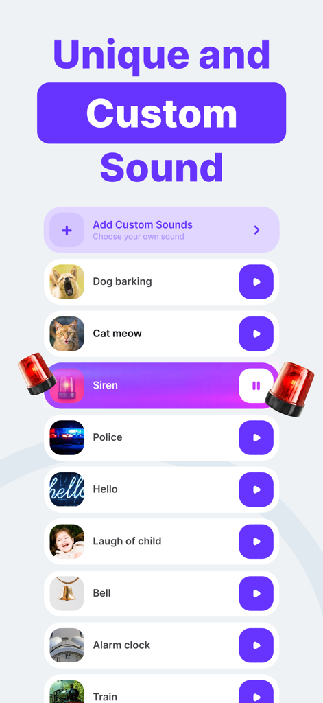Don't Touch My Phone: App - A smartphone screen displaying a list of customizable alarm sounds for an anti-theft app including dog barking siren and police sounds