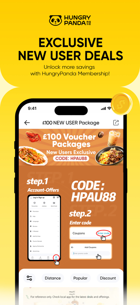 HungryPanda熊猫外卖 - Pantalla de la aplicación móvil HungryPanda que muestra paquetes de cupones exclusivos para nuevos usuarios y una guía paso a paso para canjear un código promocional