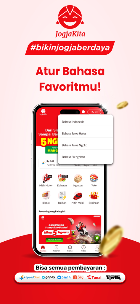 JogjaKita - Ojolnya Jogja - Smartphone displaying the JogjaKita app interface with a language selection popup featuring Indonesian and Javanese dialects.