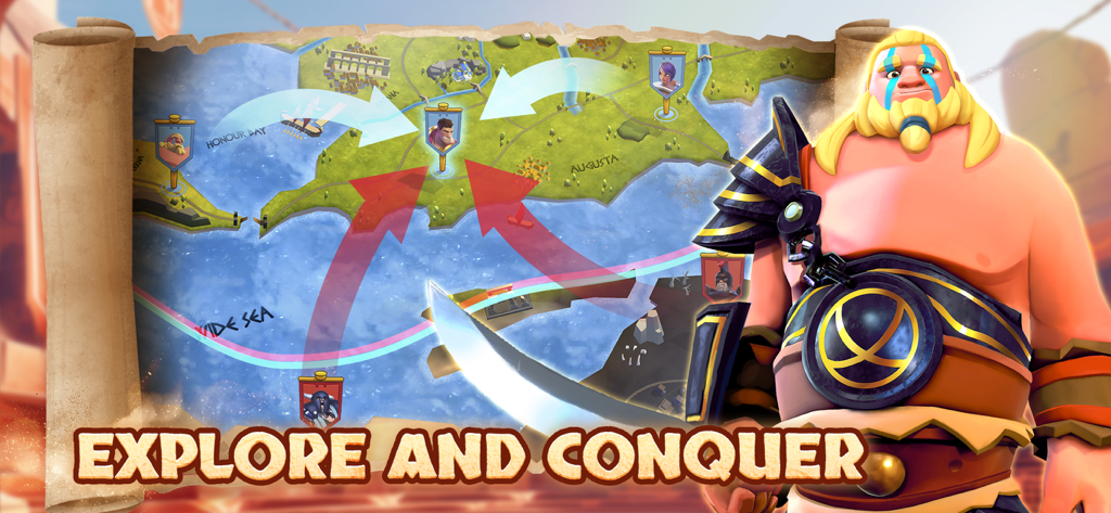 A strategic world map with a gladiator character and the text Explore and Conquer