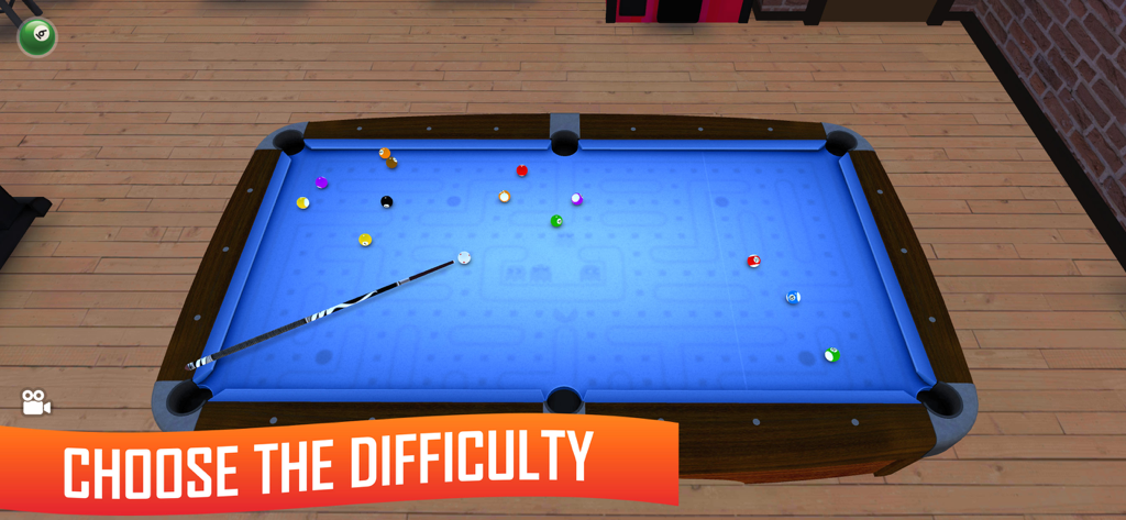 8 Ball Pool & Snooker Billiard - A 3D billiard table with custom blue patterned cloth and a banner to choose the difficulty level.