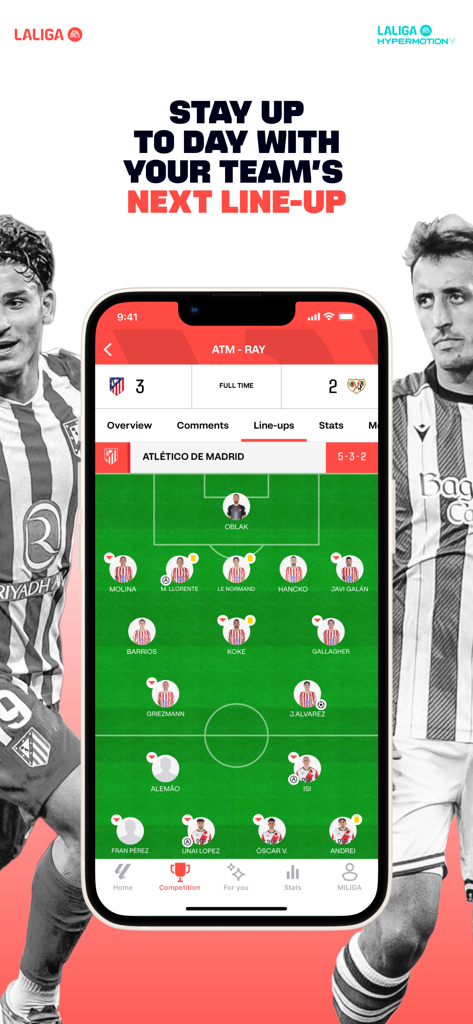 Smartphone showing the LALIGA Official App displaying a soccer match lineup and tactical formation on a pitch graphic.