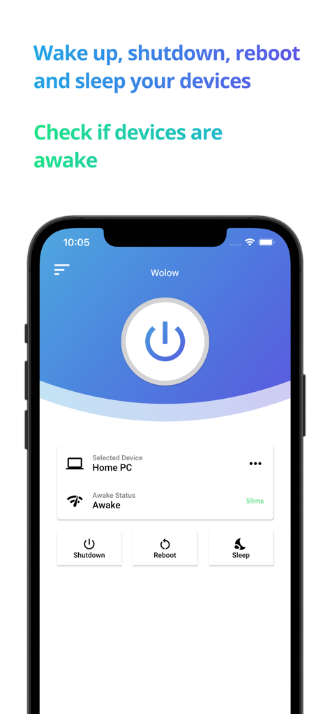 Wolow app interface on iPhone showing remote shutdown reboot and sleep controls for a PC