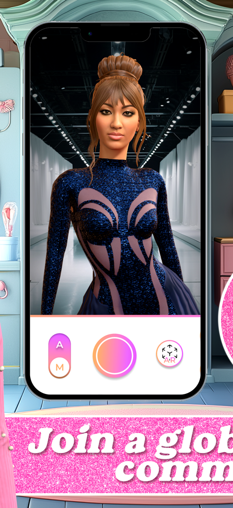 3D virtual model wearing a glamorous blue dress in the Fashion AR makeover app