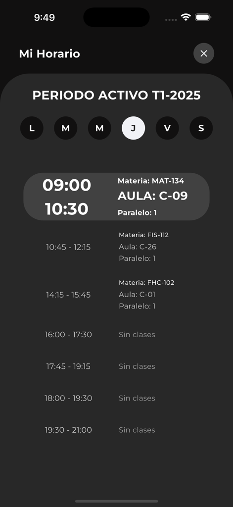 Interfaccia dell'orario delle lezioni universitarie su un dispositivo mobile in modalità scura.