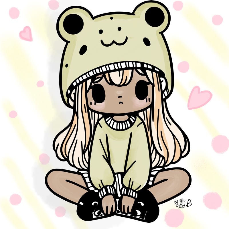 a girl wearing a frog hat and some frog socks